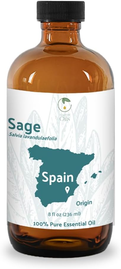 Sage Essential Oil - Direct from Essential Oils SL Spain - Steam Distilled - Aceite Esencial de Salvia for Aromatherapy, Massage, Diffuser, DIY Candle and Soap Making - 8oz