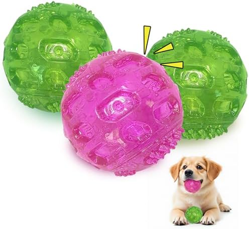 RICHIE Ultra Durable Squeaky Dog Balls 3 Inch for Large Medium Dogs, Tough Chew Toys for Aggressive Chewers, Floating Fetch Balls for Pool Play, Teeth Cleaning Dog Toys 3 Pack Red + Green + Green