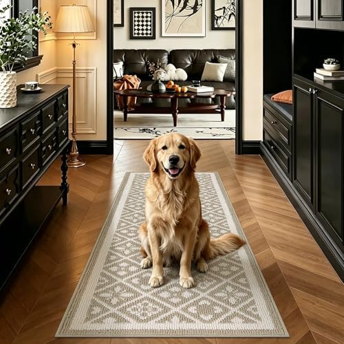 Ileading Hallway Runner Rug 2x6 ft,Washable Indoor Beige Carpet with Non Slip Rubber Backing,Low Pile Durable Kitchen Floor Mat for Laundry Entryway Door & High Traffic Areas