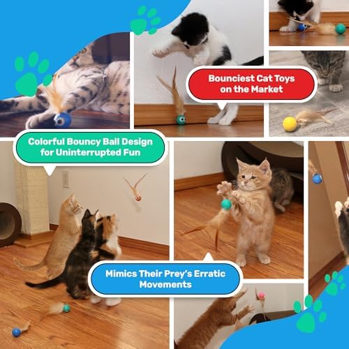 Bouncy Tails 3-Pack Cat Ball Toy with Natural Feathers, Interactive Cat Toys for Bored Indoor Adult Cats, Feather Cat Toy for Indoor Cats and Playful Kittens