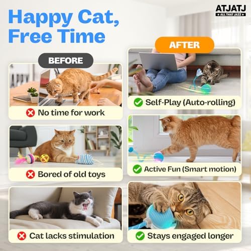 Interactive Cat Balls Toys for Indoor Cats, Automated Smart Ball Cat Toy with Elastic Mesh Tail, 3-Speed Rechargeable Rolling Kitten Toy, Electronic Mental Stimulating Self Play Pet Ball for Fun