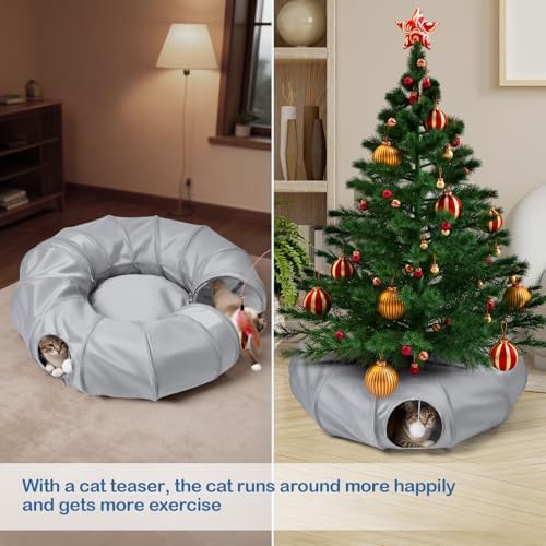 Cat Tunnel Bed with 2Pcs Interactive Toys, 3-in-1 DIY Collapsible Plush Cat Tube with Washable Mat, Large Indoor Play Tunnel Cave for Kittens and Small Animals
