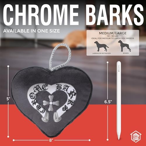 Chrome Barks – Luxurious Parody Plush Dog Toy with Squeaker, Premium Fabric, Embroidered Details, Designer-Inspired Chew Toy, Fun Gift for Large Dogs & Dog Lovers