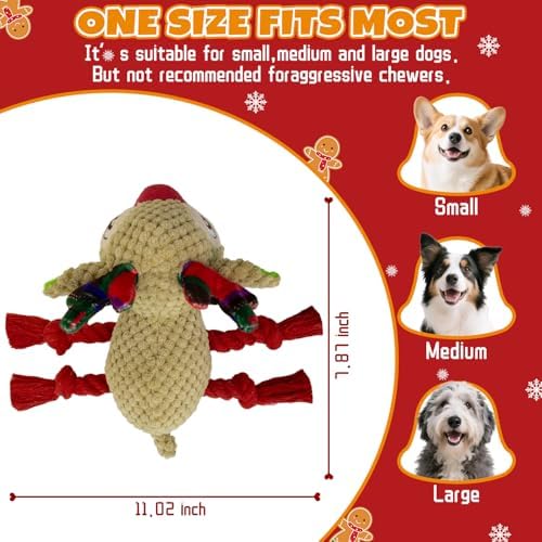 Christmas Dog Toy, Squeaky Toys with Crinkle Paper, Interactive Plush Puppy Chewer Dog Toys, Cute Rope Reindeer Hours of Fun, Gifts for Small, Middle Large Breed