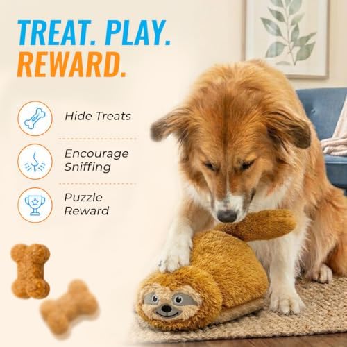 Guru Hide-A-Tail Sloth Plush Dog Toy - Interactive Puzzle Toy with Treat Pocket - Squeaky Crinkle Dog Toy for Tug and Fetch - Soft Durable Plush - Medium Size