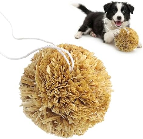 Natural Dog Chew Toy, 1pcs Woven Grass Chew Ball for Dogs, Dental Teething Toy & Interactive Fetch Toys, Outdoor Rattan Digestible Chew Ball for Boredom Relief - Cornsilk