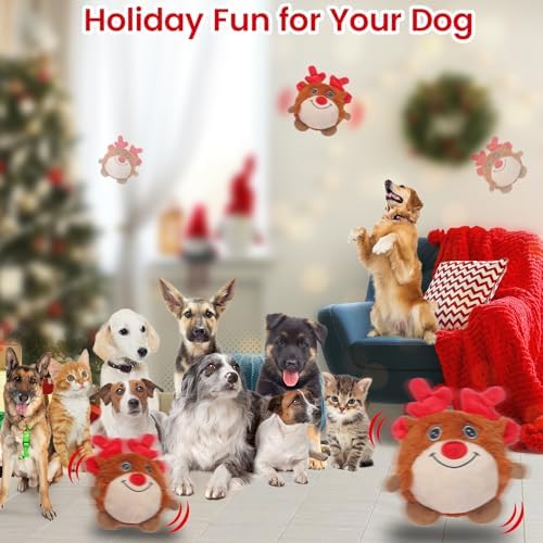 Senneny Christmas Dog Toys, Interactive Dog Toys Reindeer, Random Path Electric Automatic Moving and Rolling Dogs Toy, Motion-Activated Dog Ball with Plush Cover USB Rechargeable