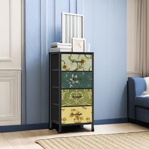 4 Drawer Dresser, Vintage Nightstand, Fabric Chest of Drawers | Vertical Dresser for Bedroom, Storage Tower Units with Fabric Drawers, Small Dressers for Closet, Retro Style, Wooden Top