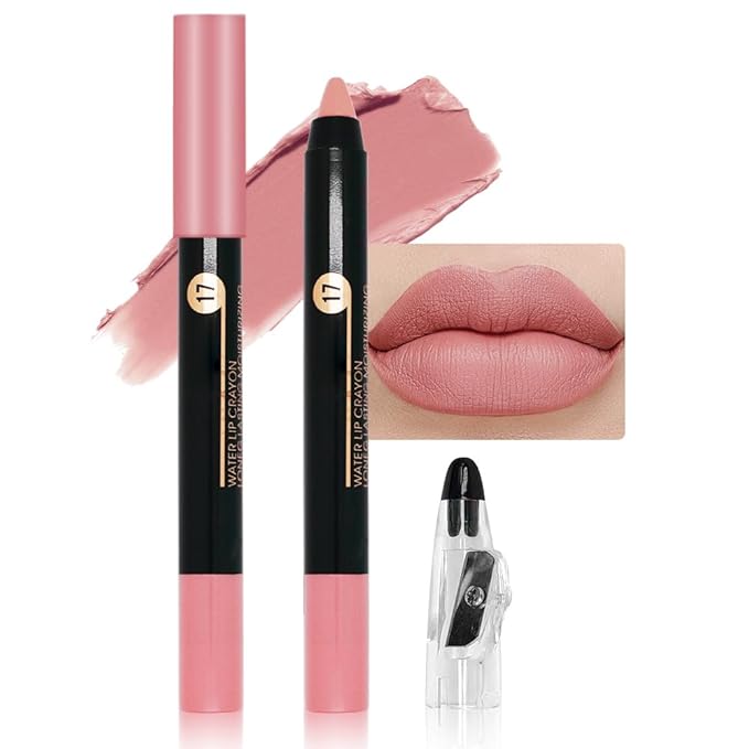 Nude Pink Crayon Matte Lipstick Lip Liner Pencil - Smudgeproof Waterproof Lipstick Crayon with Sharpener - Moisture Smooth Formula for Women, 17#