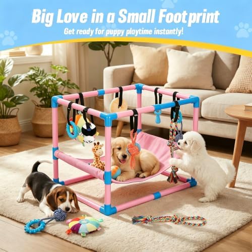 Pink Puppy Play Gym with 8 Hanging Toys