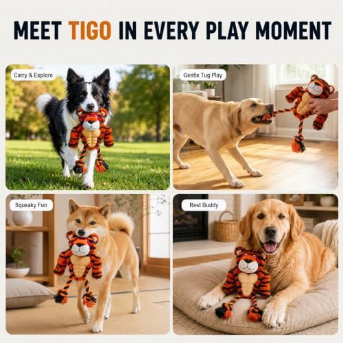 Tiger Rope & Plush Dog Toy with Squeaker, Interactive Tug Toy for Medium to Large Dogs, Multi-Texture Toy for Tug, Toss & Supervised Play