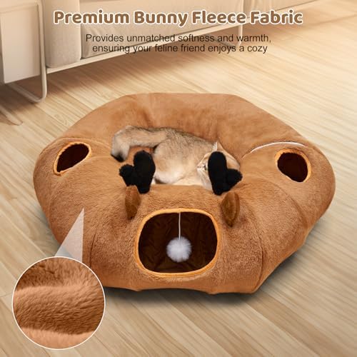 Cat Tunnel Bed with 20 Pcs Interactive Toys, 3-in-1 DIY Collapsible Plush Cat Tube with Washable Mat, Large Indoor Play Tunnel Cave for Kittens and Small Animals