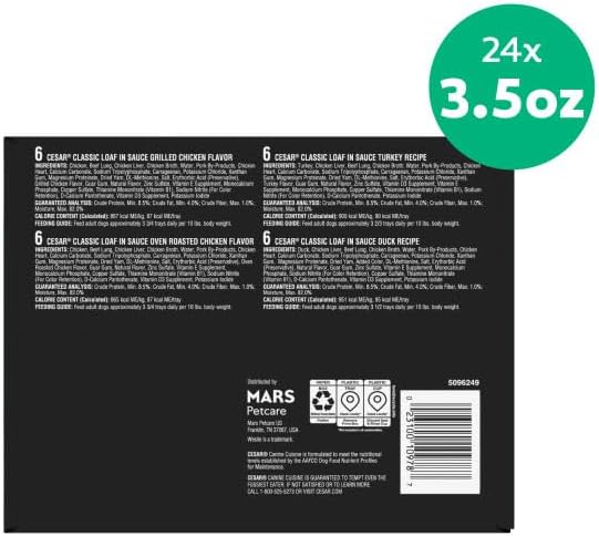 Cesar Classic Loaf in Sauce Wet Dog Food, Poultry Selects, 3.5 oz, 24 Count | Made in USA, Duck, Chicken & Turkey recipes, real poultry #1 ingredient, no fillers or artificial flavors, easy peel trays