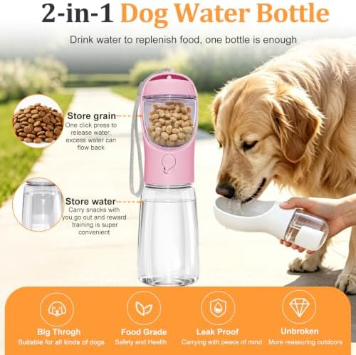 Portable Dog Water Bottle with Food Container, Pink, 19oz
