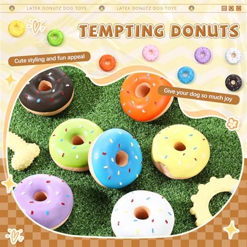 JellyArch 8 Pcs Latex Squeaky Dog Toys Donut Small Dogs Squeaky Chew Toys for Aggressive Chewers Soft Interactive Fetch Play No Stuffing Durable Teething Items for Small Puppy