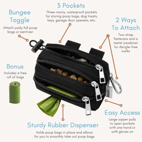 Dog Poop Bag Holder for Leashes and Treat Holder with 3 Waterproof Pouches | Poop Bag Dispenser for Pet Waste Bags and Walking Accessories + 1 Free Roll