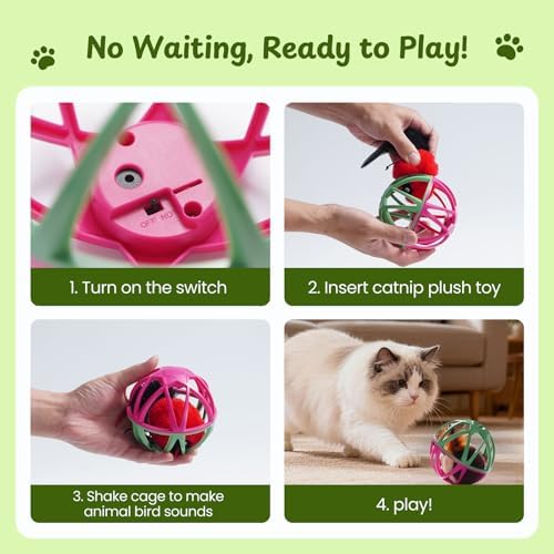 Cat Toys for Indoor Cats - Interactive Ball Cage Cat Toy with Realistic Bird Sounds & 2 Catnip Plush Toys, Motion-Activated Hunting Simulation Toy for Cats