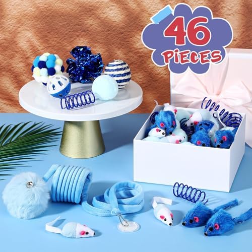 Gemscream 46 Pcs Cat Toys Set Interactive Cute Cat Indoor Toys, Blue