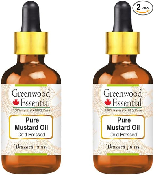 Greenwood Essential Mustard Oil (Brassica juncea) with Glass Dropper | Cold Pressed | Natural | Undiluted | For Diluting Essential Oils | For Skin & Massage | Men & Women | 50ml X 2 (3.38 oz)