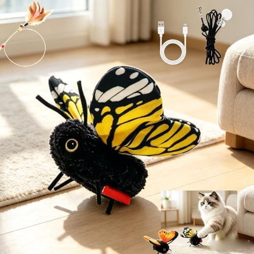 Smart Sensing Flapping Butterfly Cat Toys Interactive, Rechargeable Motion-Activated Butterfly with Realistic Flapping Wings, Electric Hanging, Indoor Cat Enrichment Toy, Soft Plush for Solo Play，A