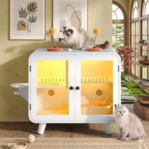 Hidden Cat Litter Box Enclosure Cat House Furniture with RGB LED Light Stairs Pom Pom Toys Glass Doors Litter Leak Walkway Cat Washroom Cabinet White Pet Furniture for Indoor Cats Modern