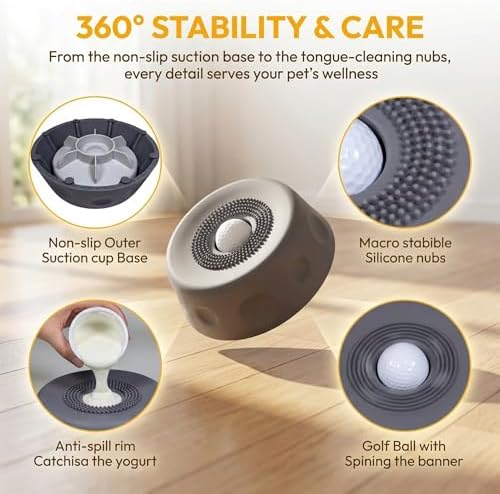 Slow Feeder Lick Bowl with Rolling Ball, Anti-Slip, Gray