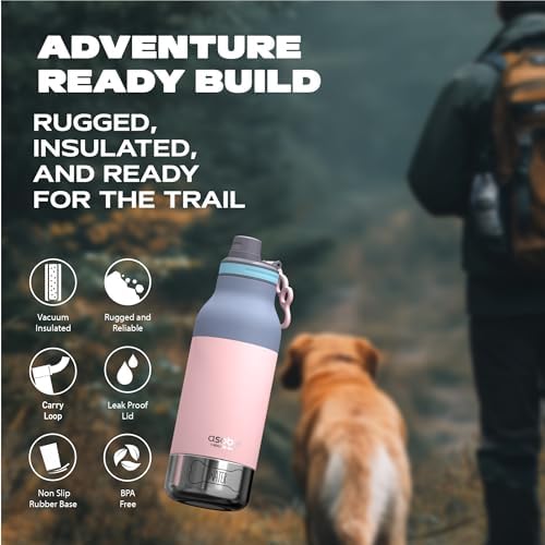 Asobu Buddy Bottle a Stainless Steel Insulated Water Bottle for with Removable Dog Water Bowl and Dog Food and Treat Storage Bowl (Pastel Pink, 34 Oz)