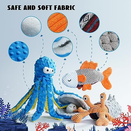 Nocciola Crinkle Squeaky Octopus Dog Toy - Ocean Theme Stuffed Interactive Rope Toys for Small, Medium & Large Dogs, Durable for Aggressive Chewers (Crab)