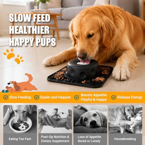 Slow Feeder Dog Bowl with Rolling Ball, 2 in 1 Dog Lick Bowl with Mat