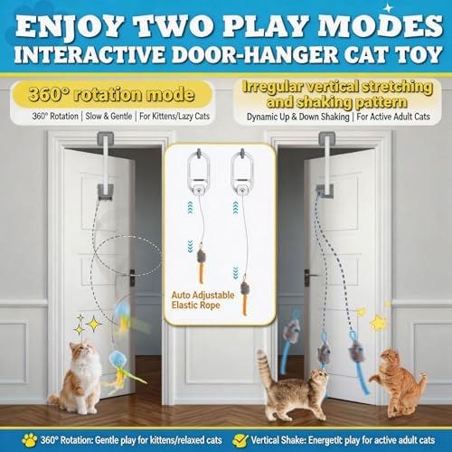 Interactive cat toy, Electric cat teaser, Door clip, 2 Motion modes,Gray | 360° Rotation • Random Jumping • Type-C Rechargeable • Door Clip Design • For Indoor Cats,Cat door toy