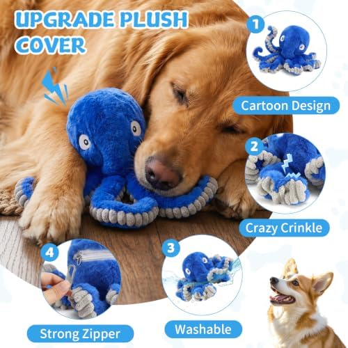 Replacement Plush Cover for Interactive Dog Toy, Soft Dog Squeaky Toy with Crazy Crinkle and Strong Zipper for Small Large Dogs Keep Busy, Washable Plush Cover Without Ball (Blue Octopus)