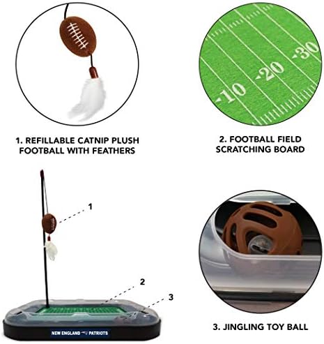 Pets First CAT BALL BELL TOY New England Patriots Football Field CAT Scratcher Toy with Catnip Filled Plush Football Toy&Feather Cat Toy Hanging,&Jingle Bell Interactive Ball Chasing 5-in-1 Kitty Toy