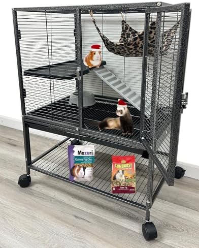 Deluxe Sturdy Wrought Iron Two Tiers Small Animal Critters Rolling Cage