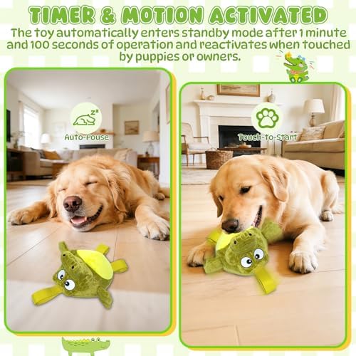 Plush Interactive Dog Toys, USB Rechargeable Jumping Squeaky Ball, Ideal for Keeping Puppy Busy Indoors, Motion Activated Balls for Medium/Large Dogs, Not for Aggressive Chewers (Crocodile)