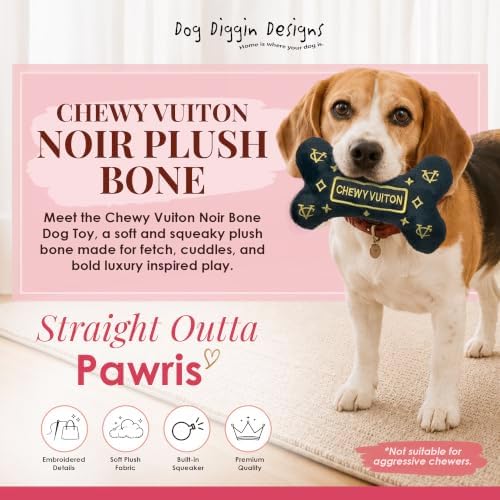 Dog Diggin Designs Chewy Vuiton Noir Plush Dog Toy Bone | Luxury-Inspired Parody Designer Bone with Squeaker, Soft Plush Chew & Play Dog Toy – Prêt-à-Porter Play!