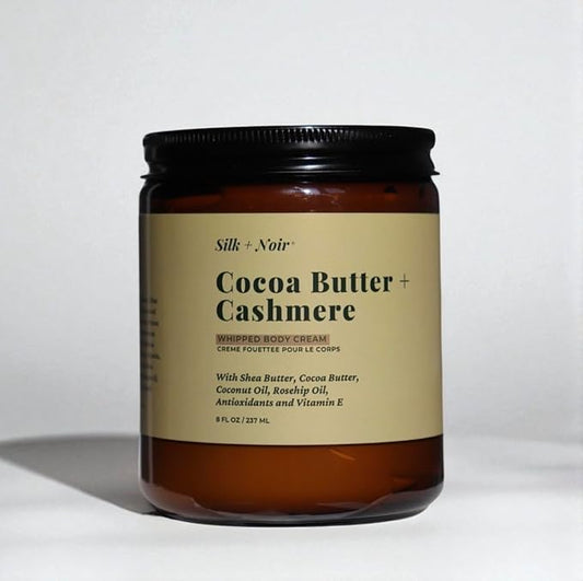 SILK + NOIR Whipped Body Cream | Moisturizing Body Cream For Glowing Skin | Hydrating, Non-Greasy Glow | Shea Butter, Cocoa Butter, Coconut Oil | Cocoa Butter + Cashmere, 8oz