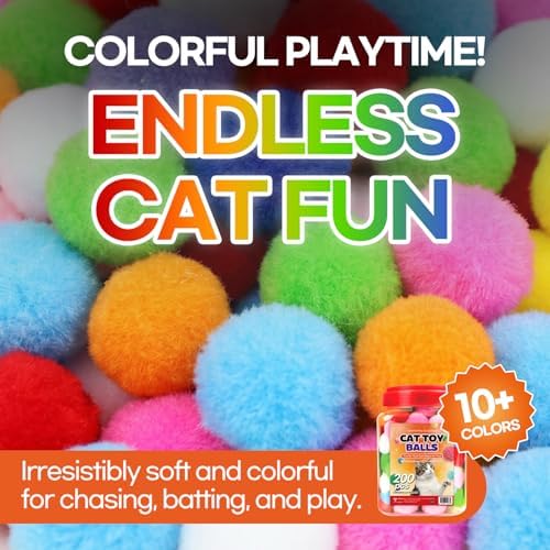 200Pcs Cat Toy Plush Balls - 1.2" Soft Pom Poms in Jar for Indoor Cats