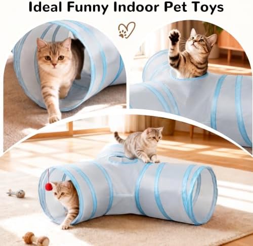 Tempcore Cat Tunnel, 3-Way Collapsible Toy for Indoor Cats, Grey & Blue