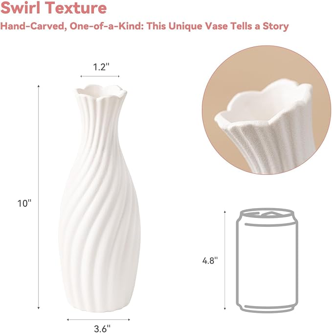 White Ceramic Vase with Swirl Texture - 10" Unique Flower Vase for Pampas Grass & Centerpieces, Decorative Boho/Farmhouse Vase for Living Room, Office Desk & Housewarming Gift (for Her/Yourself)