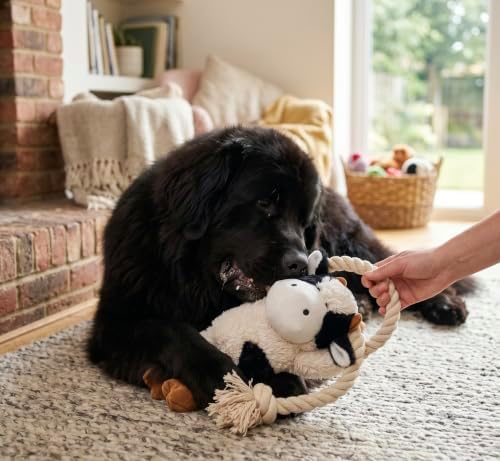 Native Pup Dog Toy Rope and Plush Stuffed Squeaker, Tug of War Toys for Dogs, Puppy Welcome Home Add on for Pets (Cow)