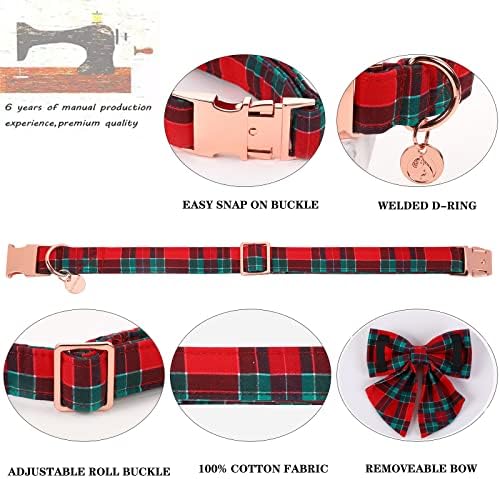 DOGWONG Christmas Dog Collar with Sailor Bow tie, Red Plaid Dog Collar Soft Durable Adjustable Cotton Red Green Tartan Puppy Collar for Small Medium Large Dog