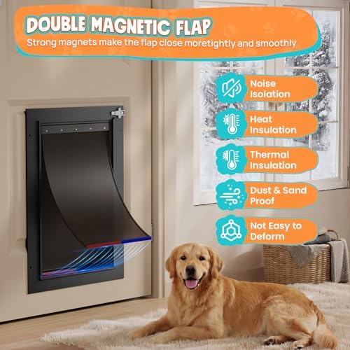 2-Flap Aluminum Large Dog Door for Interior & Exterior Door with Dual Locks | Magnetic Flaps, Energy-Efficient, Closing Panel, Adjustable Tunnel, Strong Seal, Never Rust, Easy Install, Pet Up 110 LB