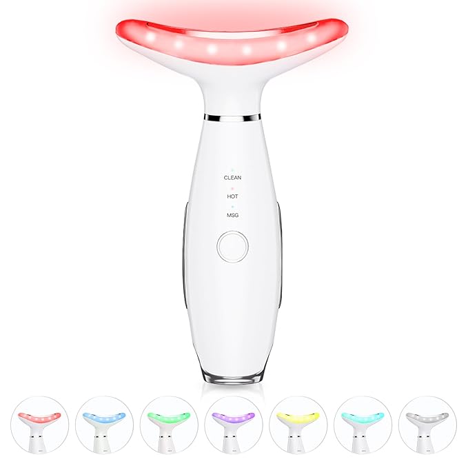 ELISHINE 7 Color Neck Face Massager - Facial Massager Tool for Skin Care at Home, Vibrating Face Massager with Thermals, Galvanic Machines White