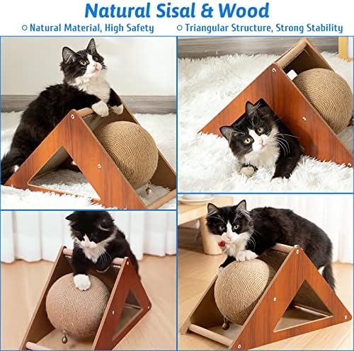 Fhiny Cat Scratcher Toy with Sisal Ball, 2-in-1 Rope Ball with Bell & Cardboard Cats Scratching Interactive Solid Wood Durable Scratch for Indoor Kitties Wear-Resistant Furniture Supplies
