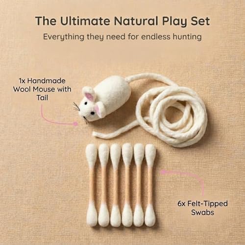 Glaciart One Cat Qtip Toy Set, Felt Mice Cat Toy & Cotton Swab Cat Toy, Wool Felt Cat Toys for Indoor Cats