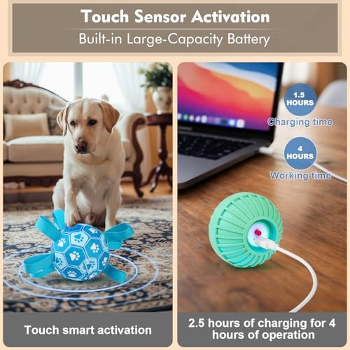 Interactive Dog Toys Dog Soccer Ball to Keep Them Busy(Blue) | Durable Automatic Moving Jumping Dog Balls with Straps for Small/Medium/Large Dogs,Rechargeable,Not for Aggressive Chewers