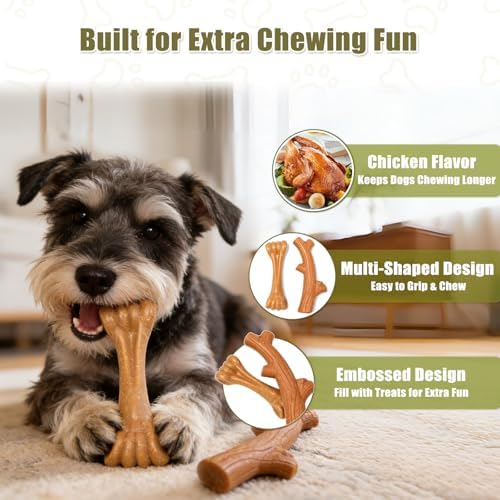 SCHITEC Dog Chew Toys for Aggressive Chewers, [2 Pack] Tough Bone and Stick Set with Chicken Flavor, Long Lasting Durable Puppy Teething Toy for Puppies Small Medium Dogs