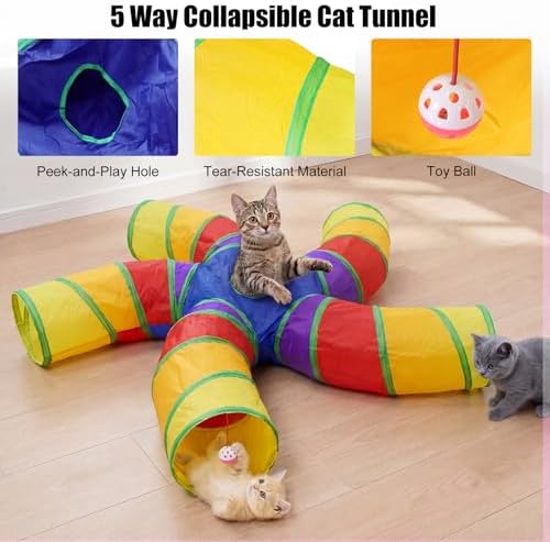 Bemodst S-Type Cat Tunnel, 2 Way/3 Way/4 Way/5 Way Collapsible S-Shape Small Animal Tubes Kitty Tunnels Interactive Maze House Toy with Storage Bag for Kitten Puppy Rabbit Guinea Pig (Rainbow-5 Way)
