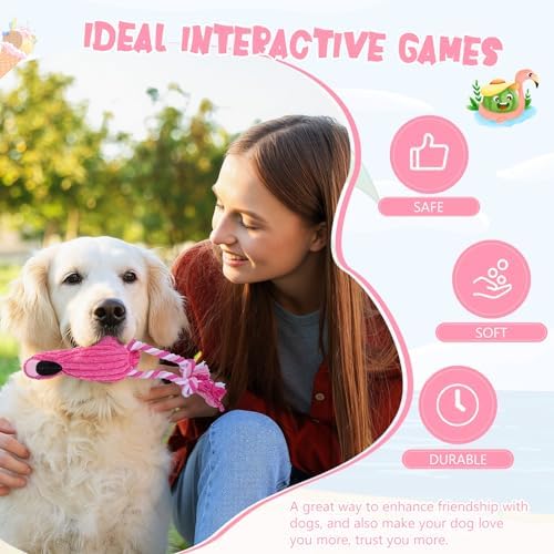 Sotiff 2 Pack Pink Flamingo Dog Plush Cute Squeaky Puppy Teething Plush Animal Interactive Stuffed Rope Pet Fake Birds for Small Medium Large Dogs Birthday Gifts