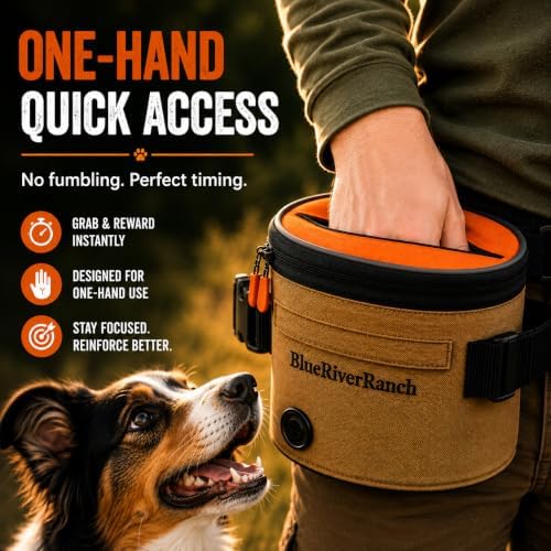 Dog Treat Pouch, Auto-Close One-Hand Access Training Treat Bag with Adjustable Waist Belt, Hands-Free Reward Pouch for Dog Training, Walking, Hiking & Obedience